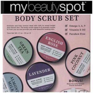 MY BEAUTY SPOT - NWT - Body Scrub Set. 6 Body Scrubs + Bonus Mani Set w/Case